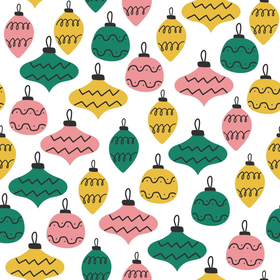 Christmas seamless pattern with toys. Scandinavian style. Vector illustration on white. Green, yellow, pink colors