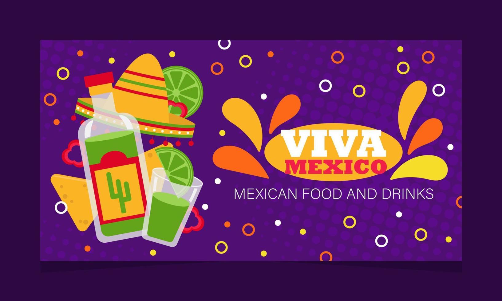 Viva mexico poster with tequila illustration. Vector promotion banner with national mexican drink and food.