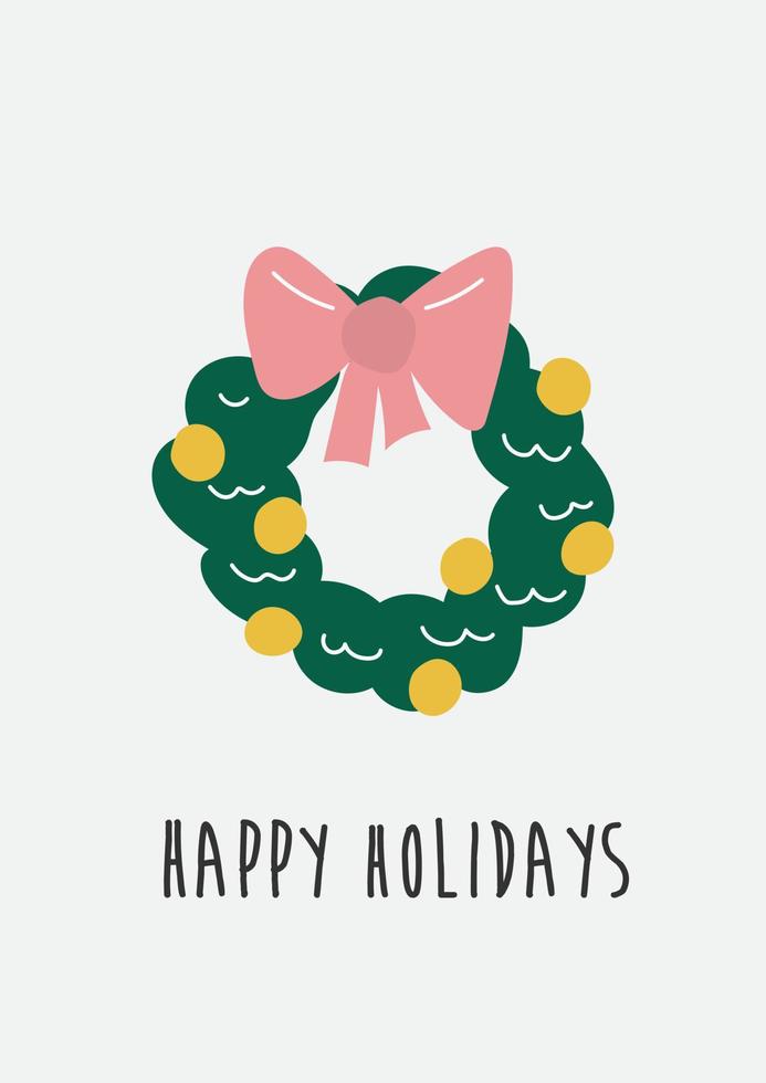 Hand drawn Christmas wreath doodle icon. Vector illustration isolated on grey background. Holiday card template with happy holidays text