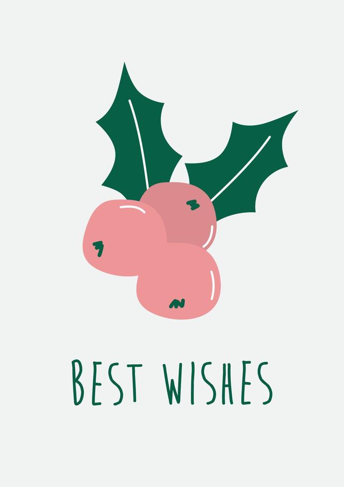 Holly berry icon in cartoon flat style. Hand drawn vector illustration. Best wishes text. Cute icon for greeting card for Christmas