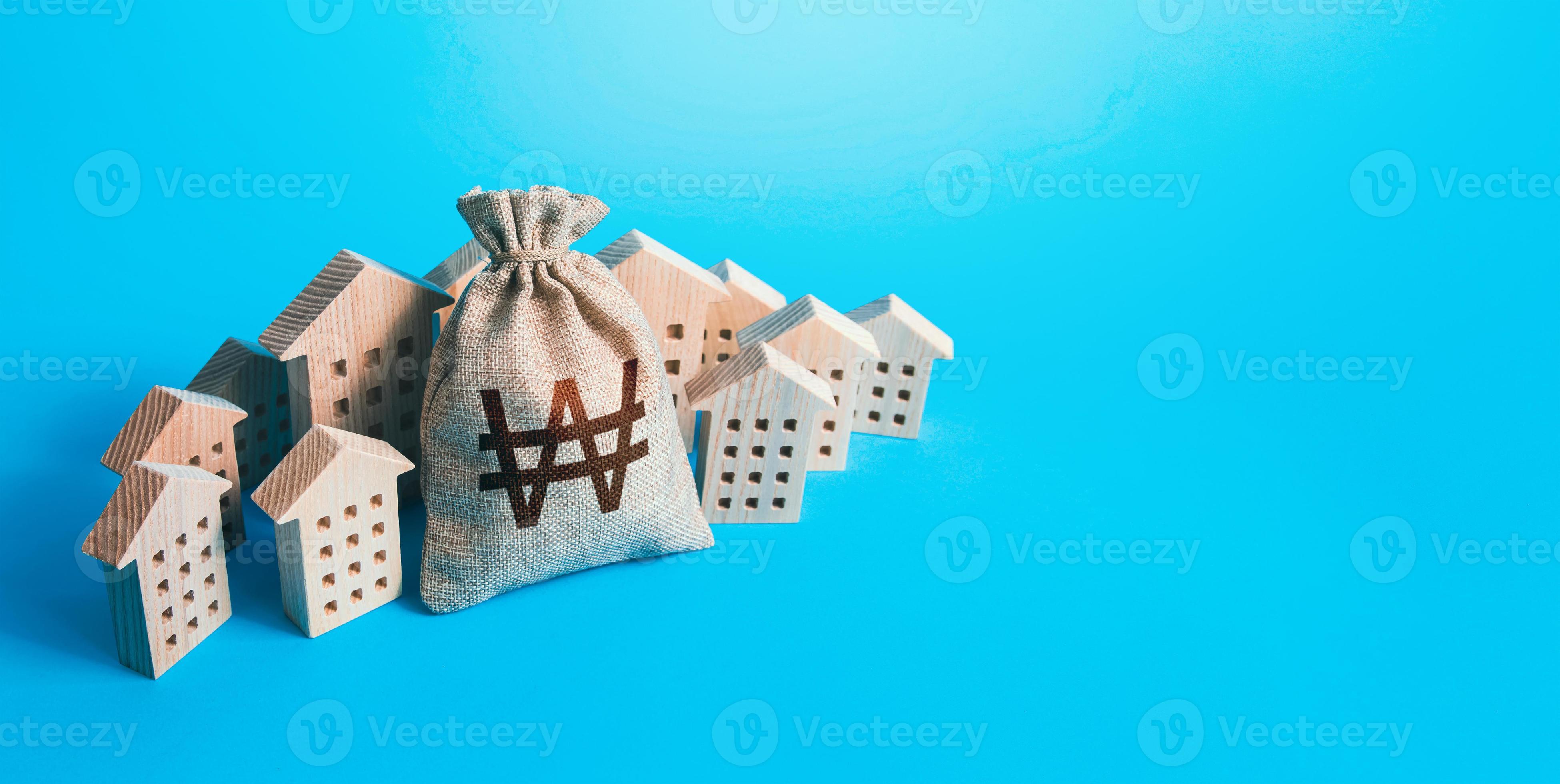 South korean won money bag surrounded by houses. Buying apartments