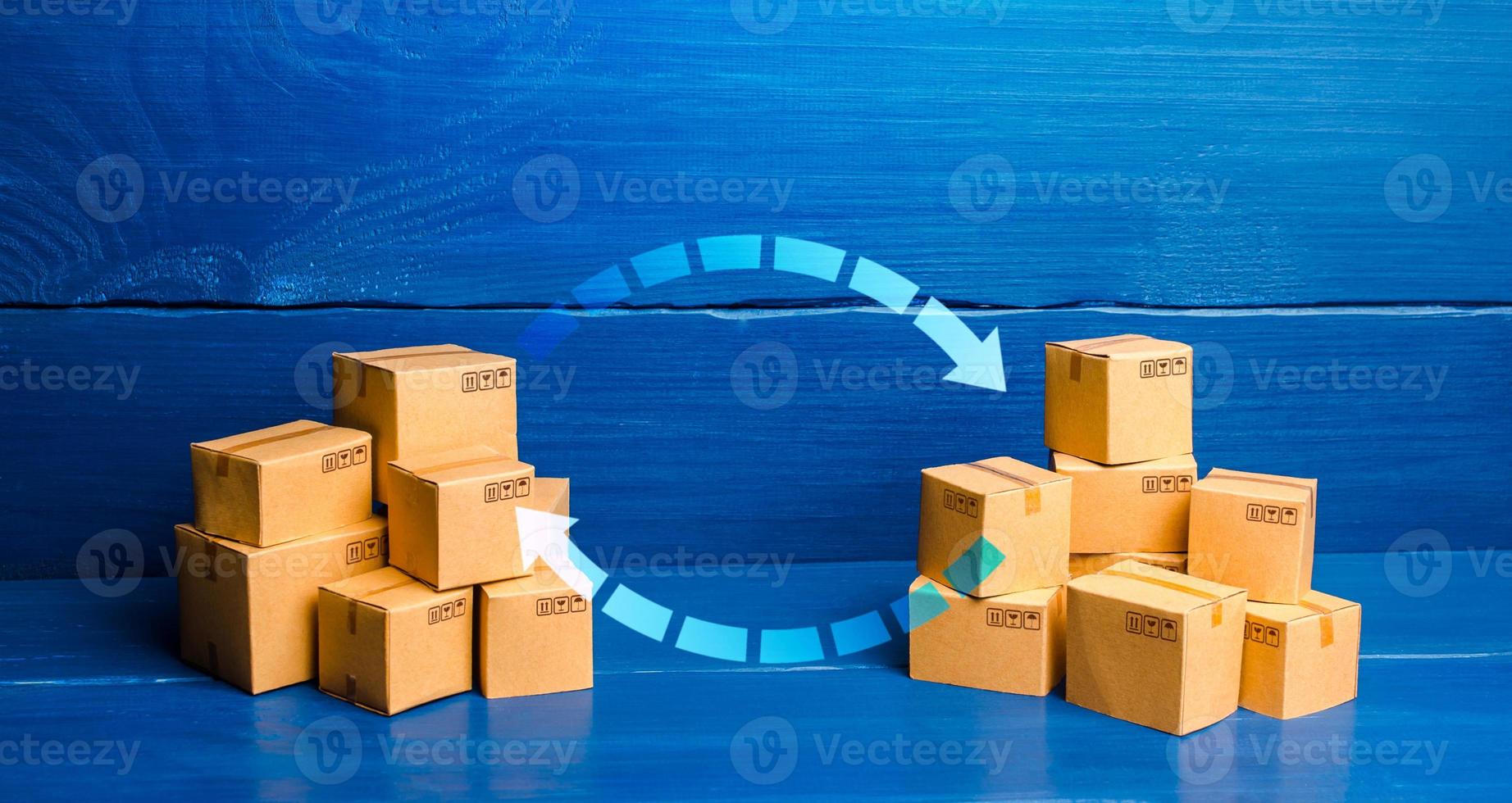 Arrows between boxes. Trade balance and exchange concept. Economic activity. Trading traffic. Transportation and transfer. Buying, selling or bartering goods. Production, manufacture. Deal transaction photo