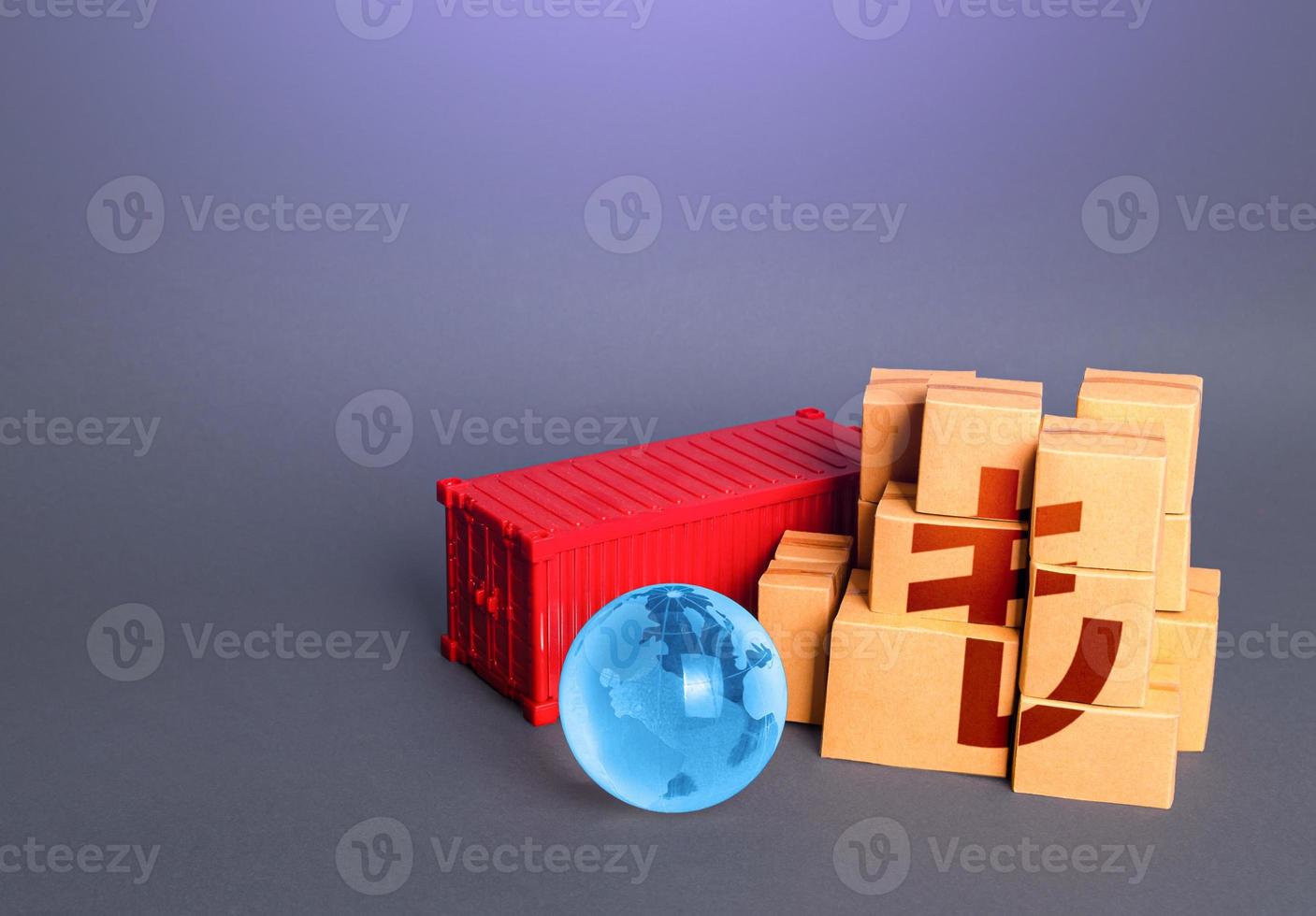 Boxes of goods and turkish lira symbol. Production, warehousing storage and shipping logistics worldwide. Manufacture freight and sale of products. Markets. Business globalization. World trade economy photo