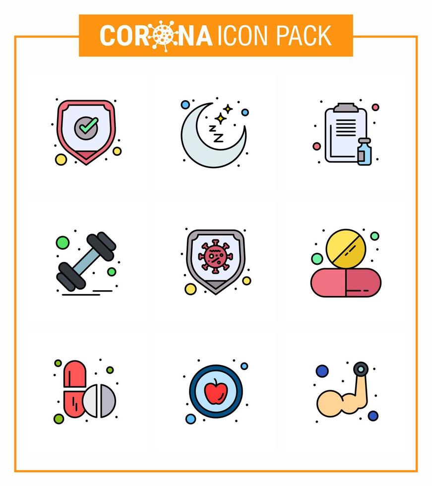 9 línea llena de color plano coronavirus covid19 paquete de iconos como el peso de la enfermedad portapapeles gimnasio medicina coronavirus viral 2019nov enfermedad vector elementos de diseño