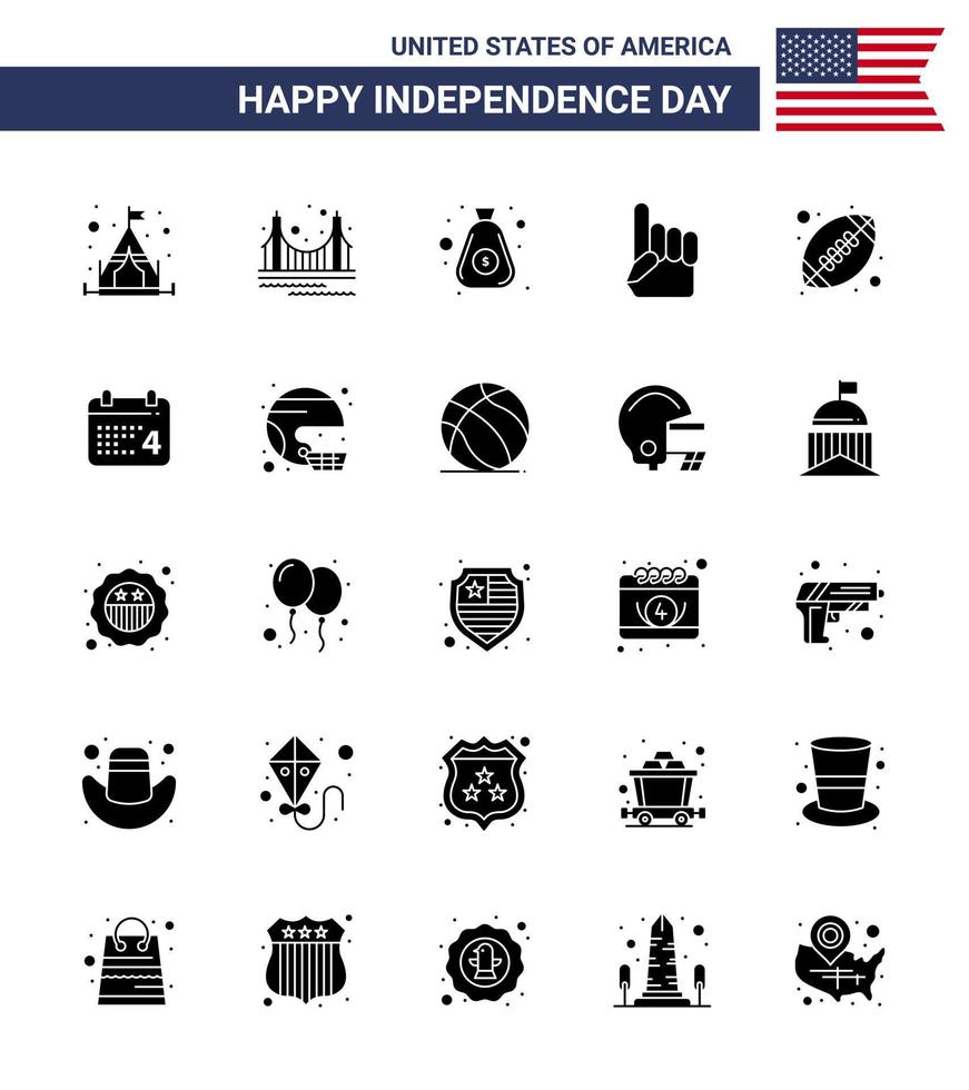 Pack of 25 USA Independence Day Celebration Solid Glyph Signs and 4th July Symbols such as rugby american dollar usa foam hand Editable USA Day Vector Design Elements