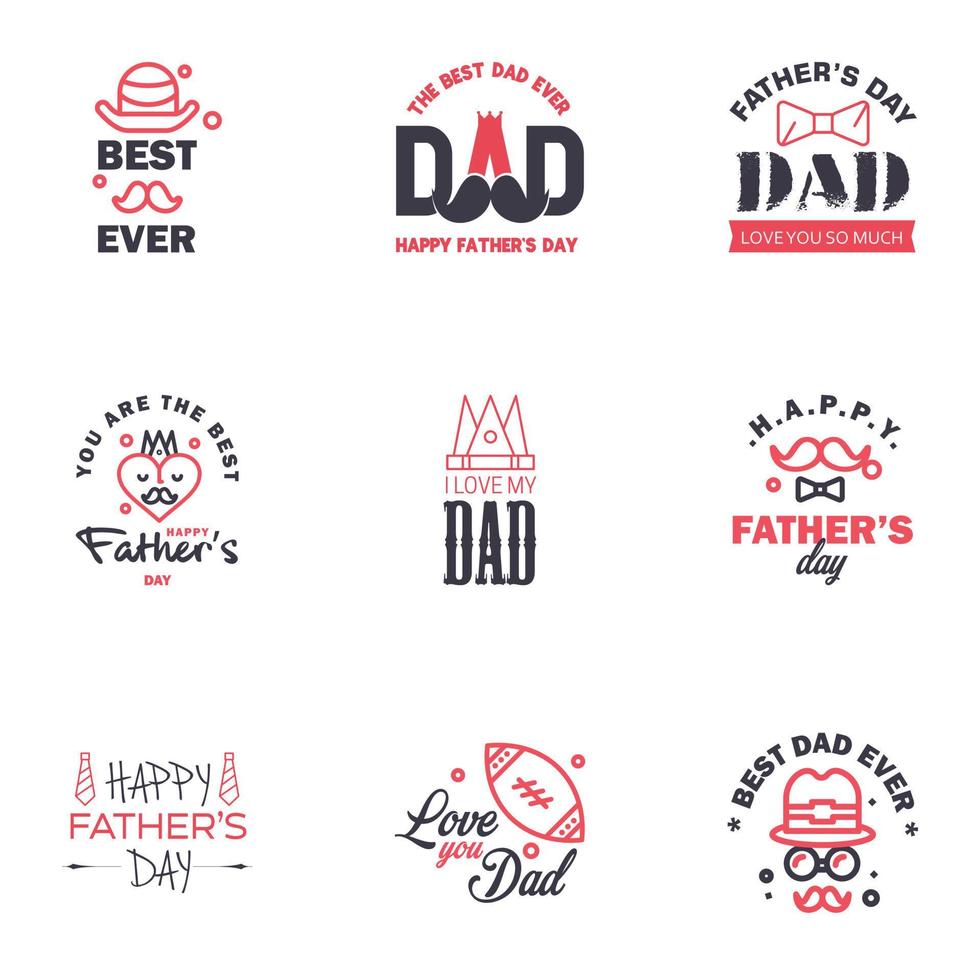 Happy fathers day greeting cards set 9 Black and Pink Vector typography lettering Usable for banners print You are the best dad text design Editable Vector Design Elements