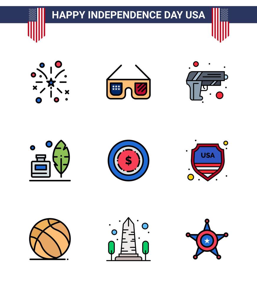 conjunto de 9 iconos del día de los ee.uu. símbolos americanos signos del día de la independencia para el dólar pistola americana botella de tinta adobe editable elementos de diseño del vector del día de los ee.uu.