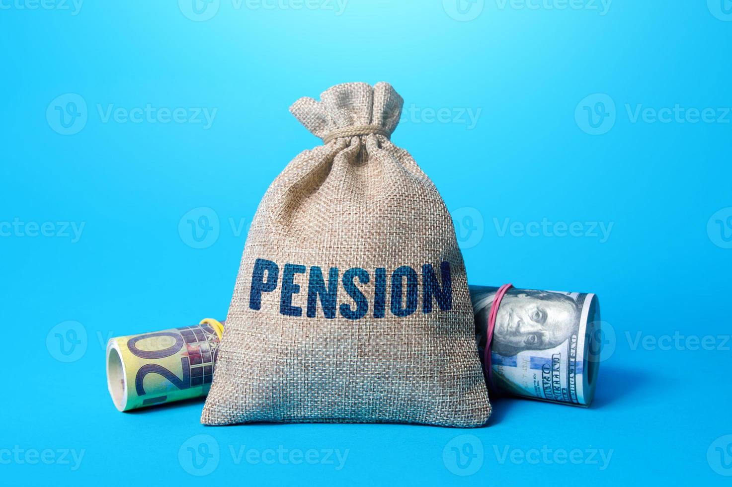 Pension money bag. Retirement payments and benefits. Social Security Financing retirees. Pensions funds. Retirement saving rate. Planning and management. Financial statements and calculation. 401k photo