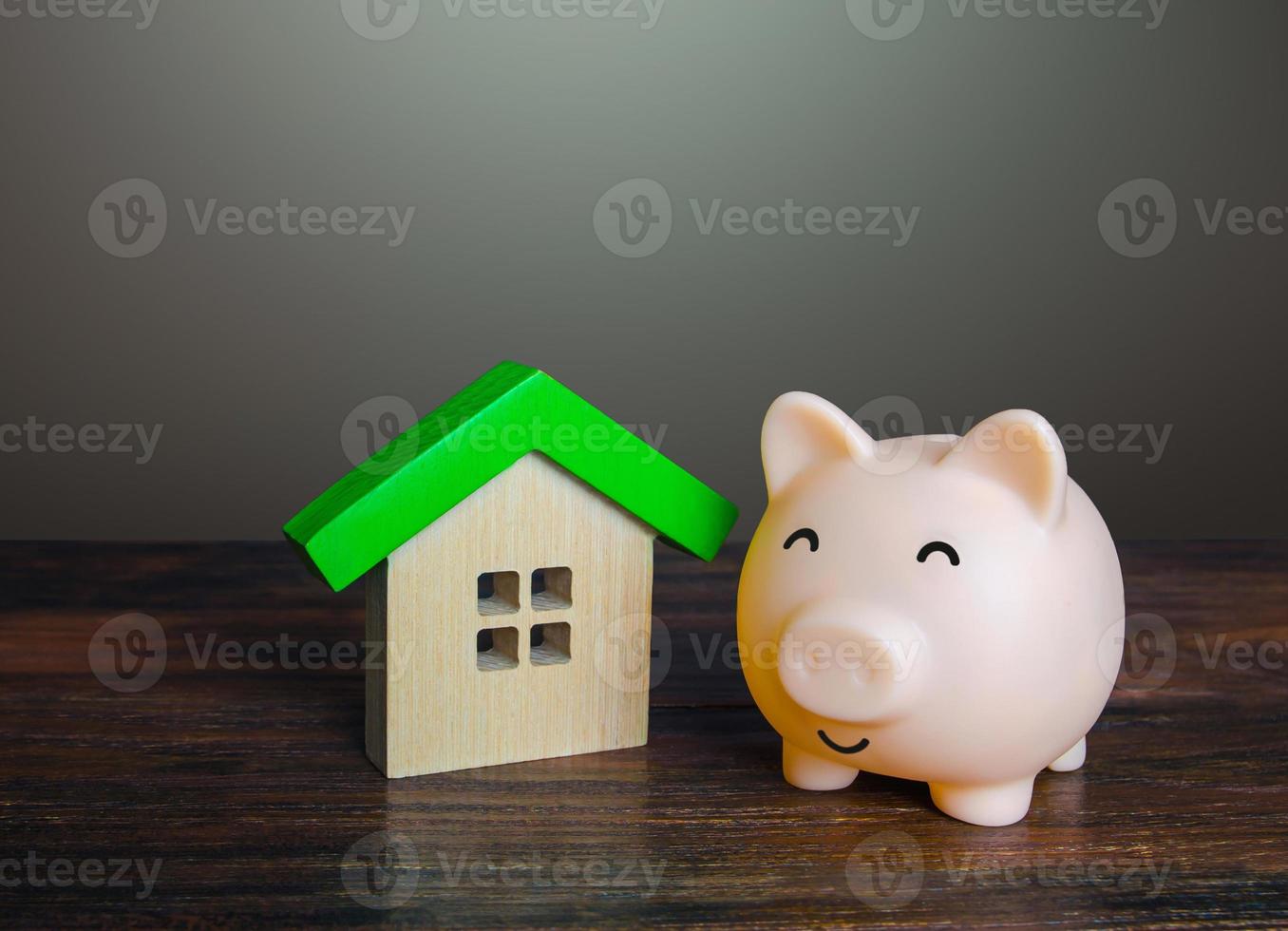 Satisfied piggy bank near the house. Low cost utilities and high energy efficiency. Housing green technologies. Autonomy and self-sufficiency. Economical affordable housing. photo