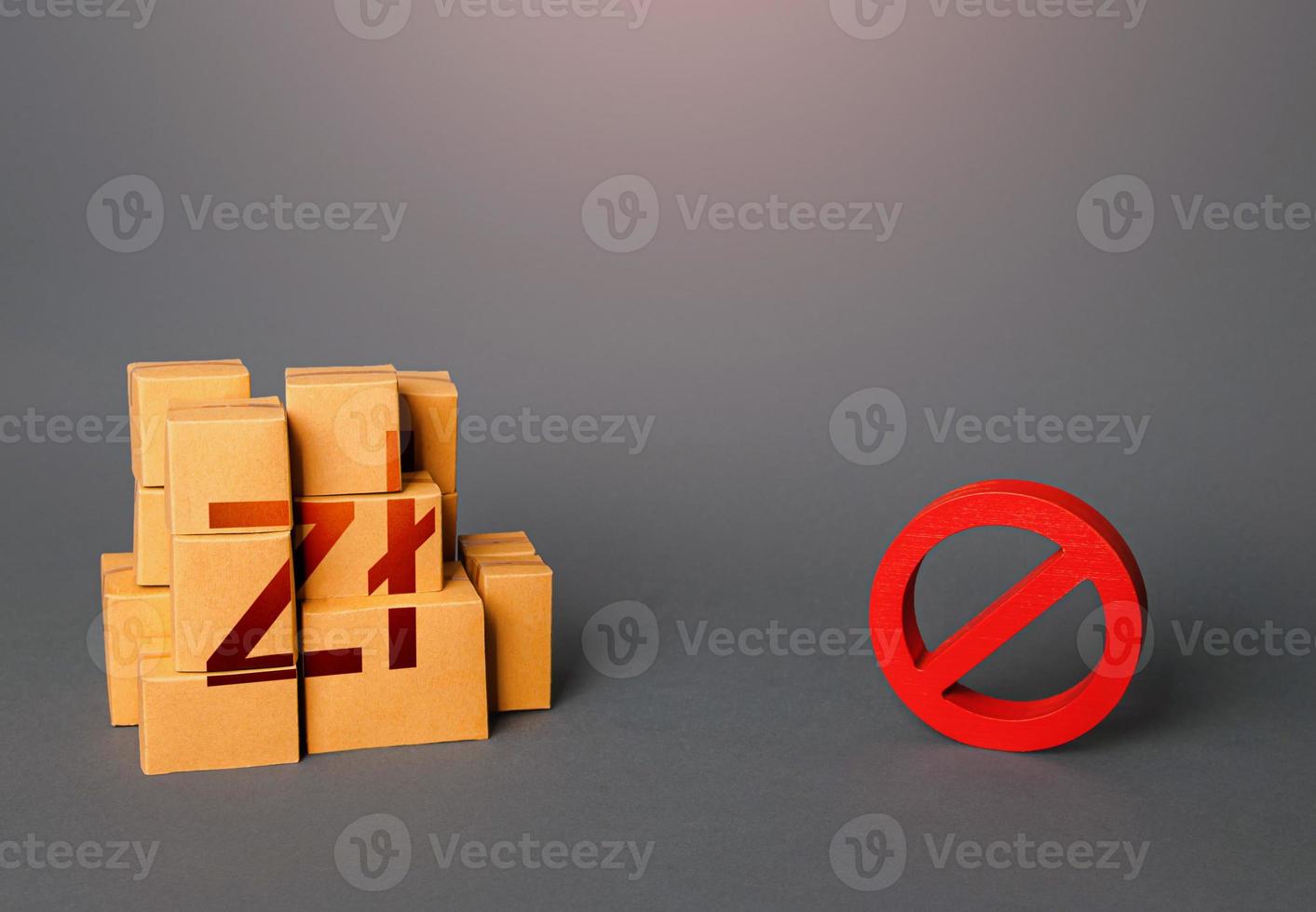 Polish zloty goods boxes and prohibition symbol NO. Trade wars. Ban on import goods. Impossibility of transportation, oversupply. Sanctions and embargoes. Shortage of goods. Confiscation of contraband photo