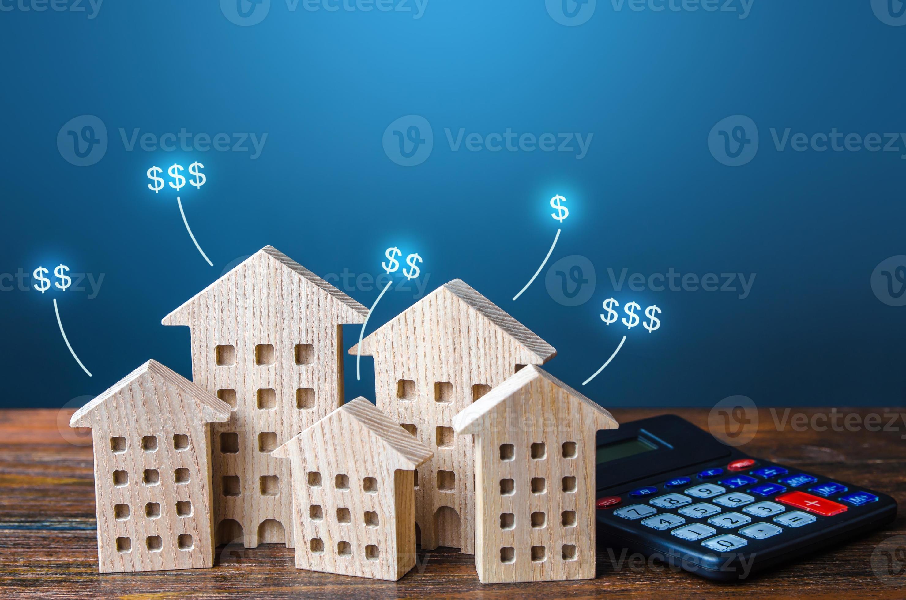 Residential buildings with dollar prices and calculator. Property valuation. Housing value