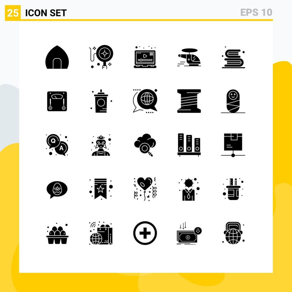 Pack of 25 Modern Solid Glyphs Signs and Symbols for Web Print Media such as back to school ambulance media medical helicopter Editable Vector Design Elements