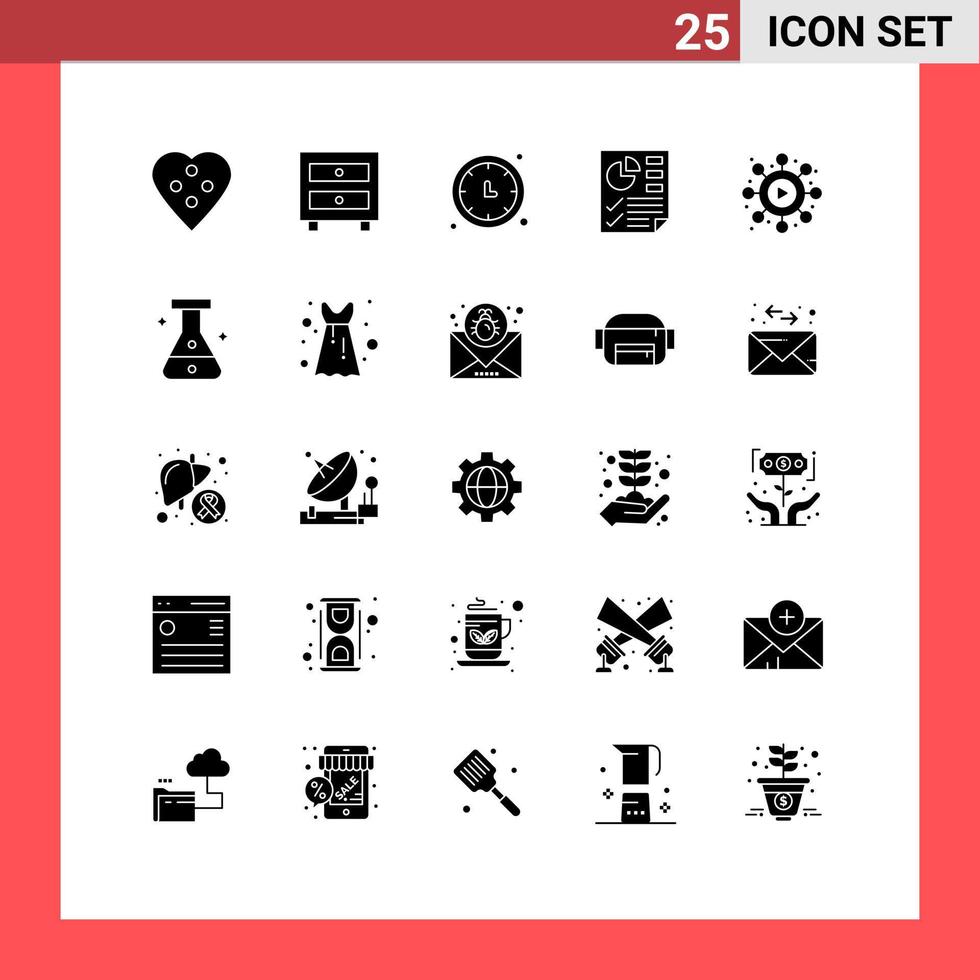 Pack of 25 Modern Solid Glyphs Signs and Symbols for Web Print Media such as report document school data timer Editable Vector Design Elements