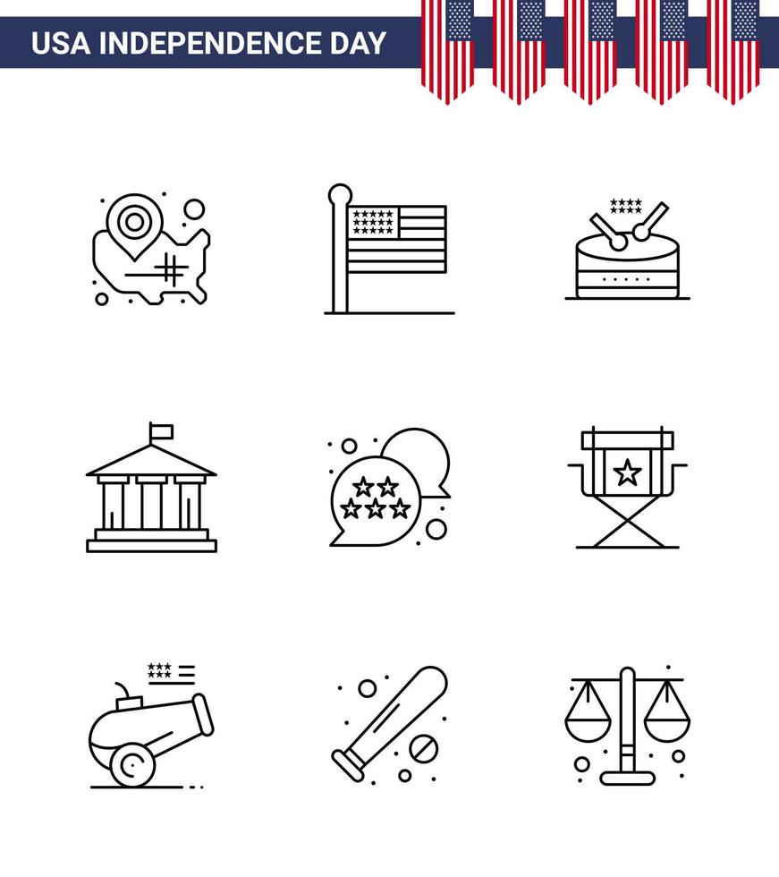 9 USA Line Pack of Independence Day Signs and Symbols of flag american usa flag parade Editable USA Day Vector Design Elements