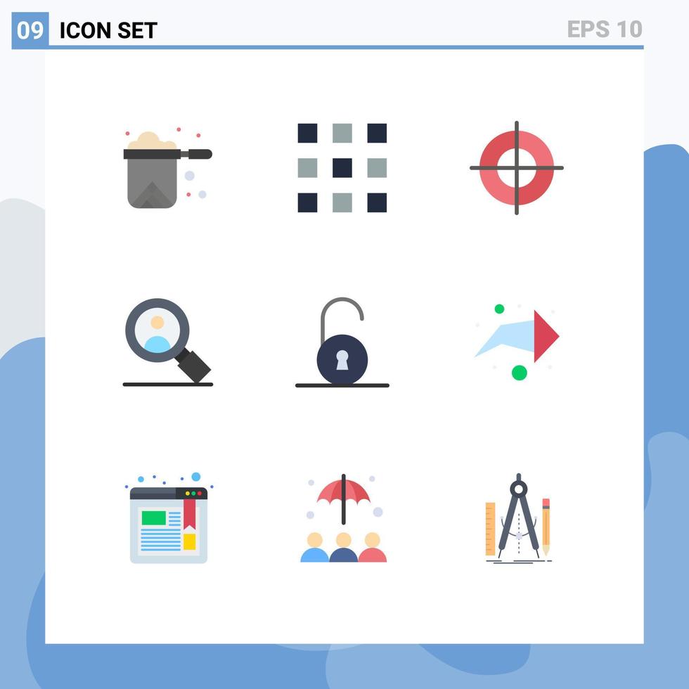 Set of 9 Modern UI Icons Symbols Signs for right padlock gun circular user Editable Vector Design Elements