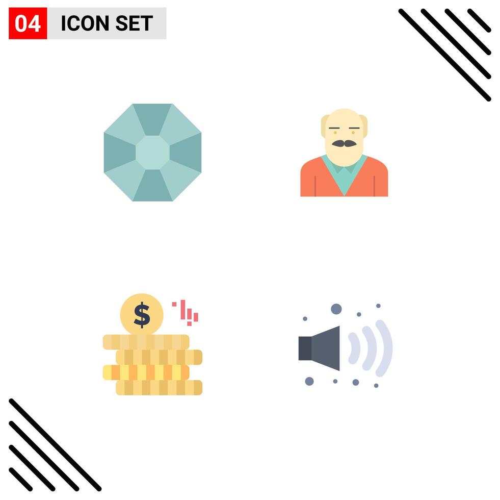 Set of 4 Commercial Flat Icons pack for diamond doller grandpaa uncle noise Editable Vector Design Elements