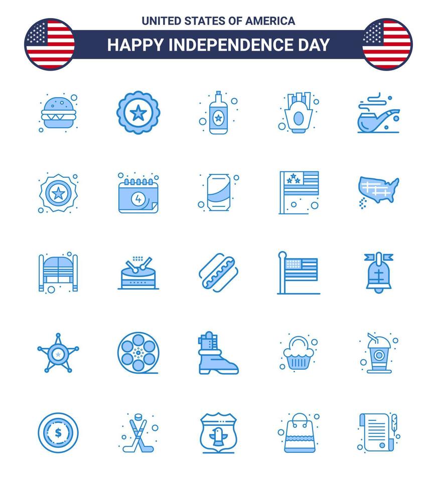 conjunto de pictogramas del día de la independencia de estados unidos de 25 blues simples de papas fritas de tubo de botella de humo americano elementos de diseño de vector de día de estados unidos editables