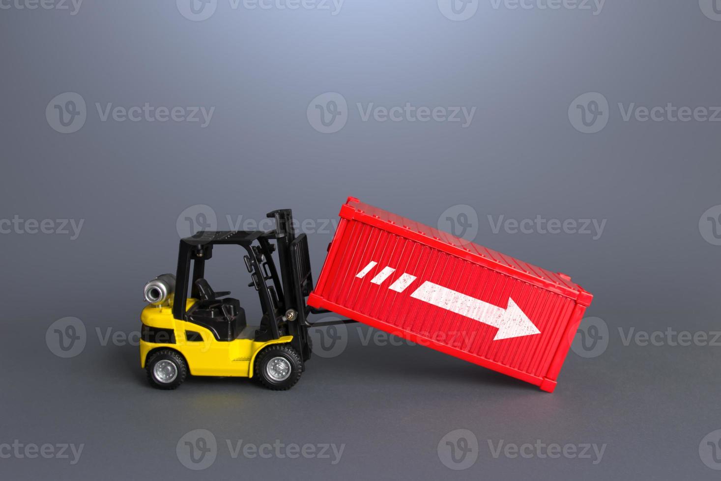 Forklift and sea ship container. Data analysis and statistics of freight traffic. Trade balance, imports and exports. Transportation of goods worldwide, shipping service. Fast express delivery photo