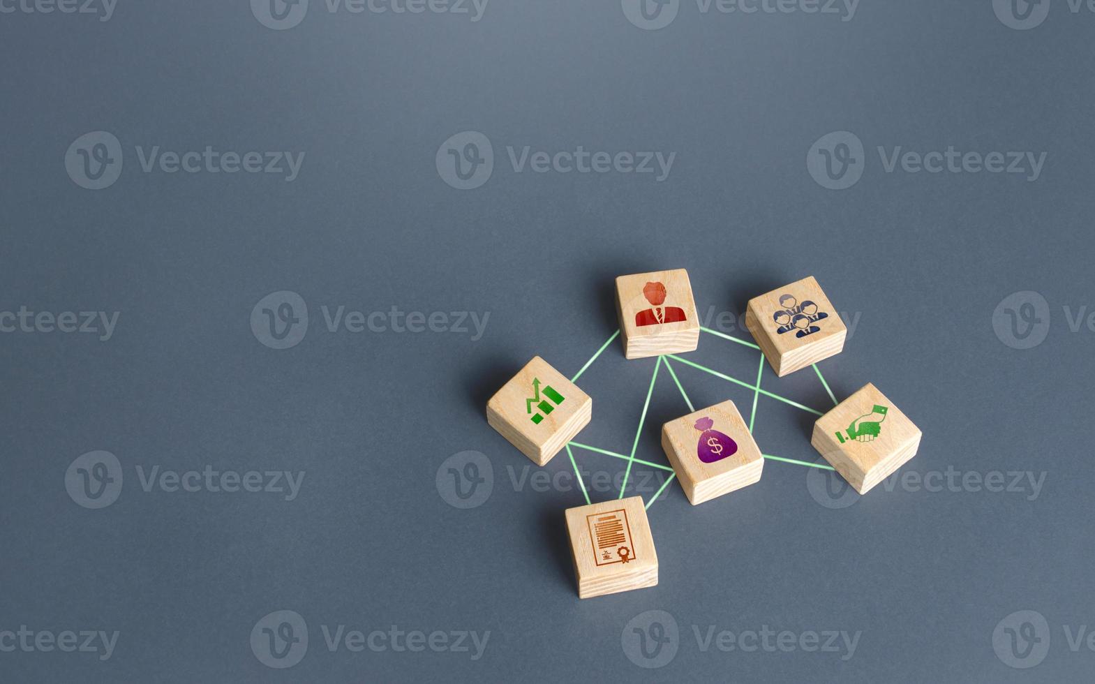 Connection of business attributes in a structure. Creation of successful company. Leadership organizational skills. Business tools services. Stimulating entrepreneurship. Management model photo