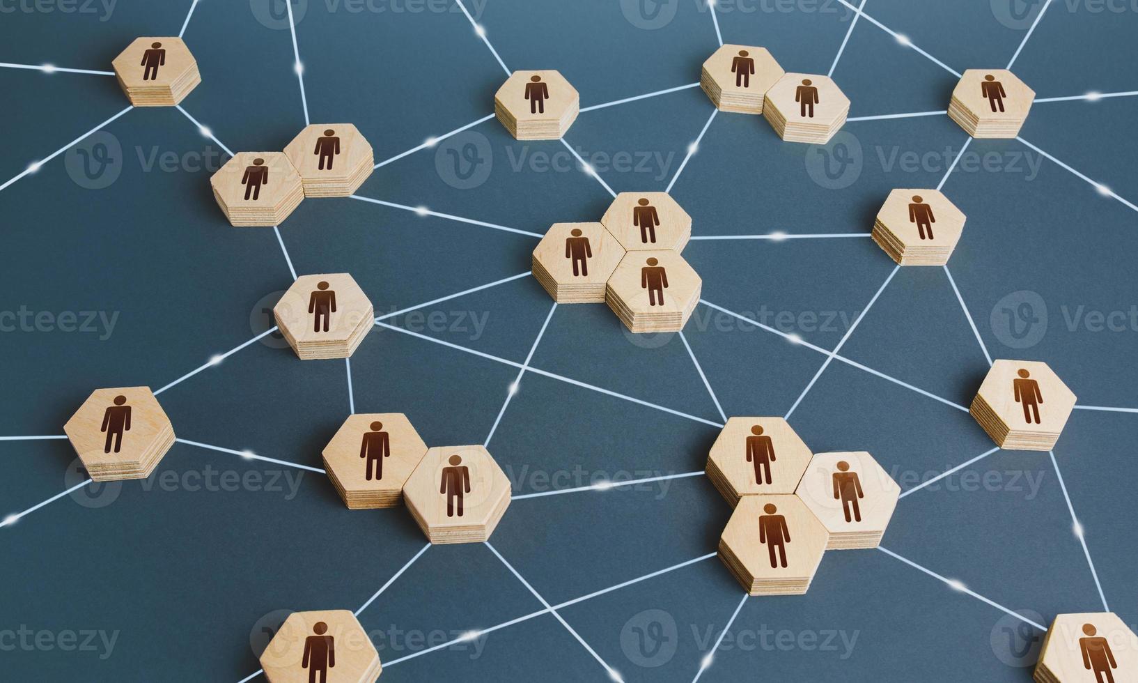 Network of interconnected people. Interactions between employees and working groups. Social business connections. Networking communication. Decentralized hierarchical system of company. Organization photo