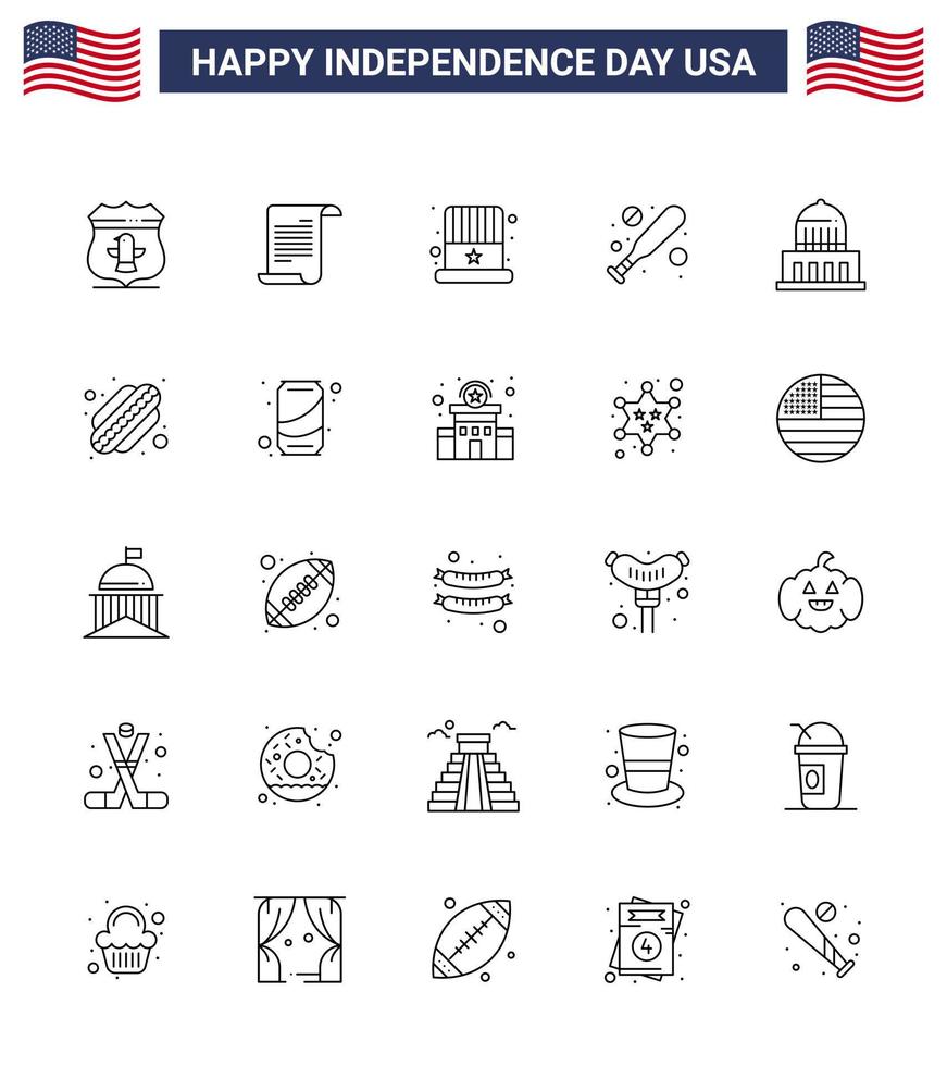 feliz paquete del día de la independencia de 25 líneas de signos y símbolos para la construcción de hitos elementos de diseño de vectores editables del día de estados unidos de béisbol americano