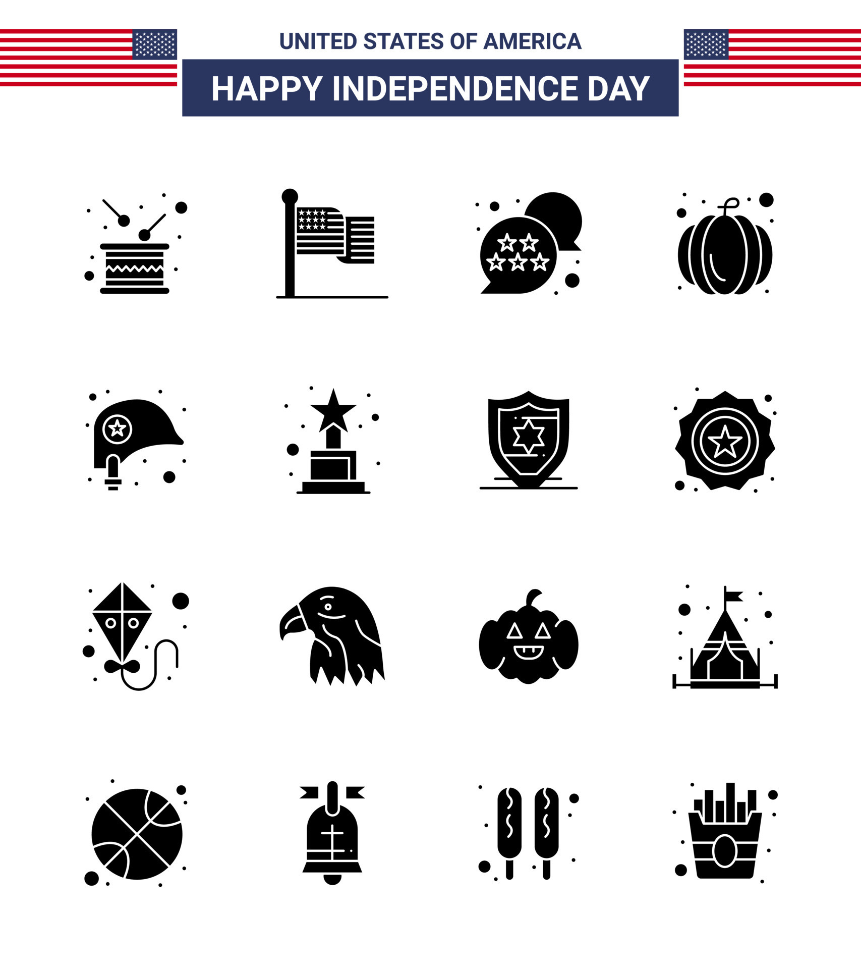 Pack of 16 creative USA Independence Day related Solid Glyphs of helmet