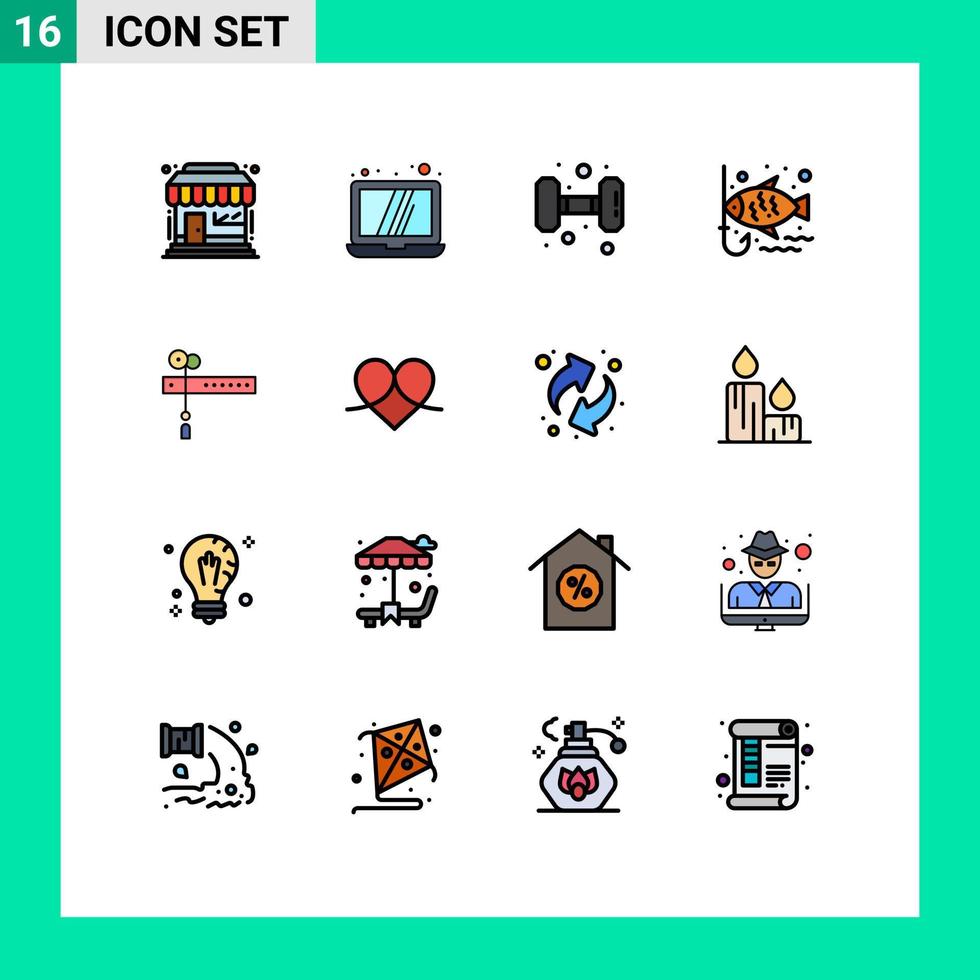 Universal Icon Symbols Group of 16 Modern Flat Color Filled Lines of festival decoration gym leisure fishing Editable Creative Vector Design Elements