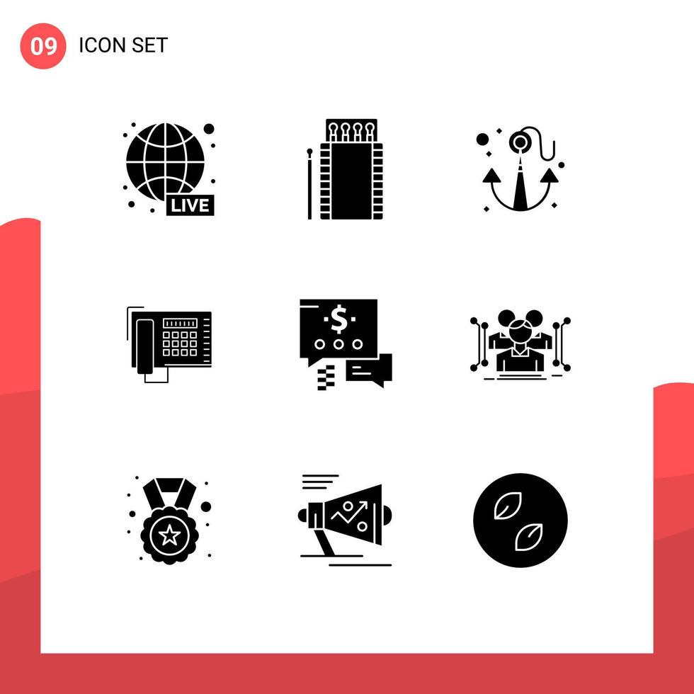 Pack of 9 Modern Solid Glyphs Signs and Symbols for Web Print Media such as chat number box fax summer Editable Vector Design Elements