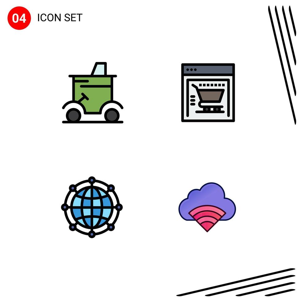 paquete de 4 signos y símbolos de colores planos de línea de relleno modernos para medios de impresión web, como carrito de golf global, carrito de compras, red, elementos de diseño de vectores editables