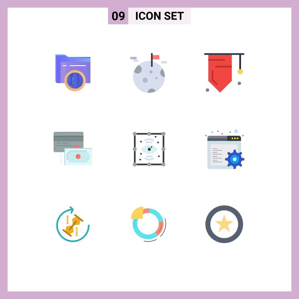 Modern Set of 9 Flat Colors Pictograph of process money badge payment card Editable Vector Design Elements