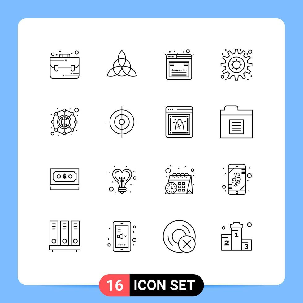 Group of 16 Outlines Signs and Symbols for interface network javascript hierarchy setting Editable Vector Design Elements