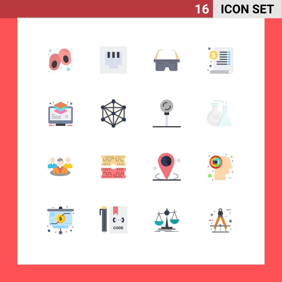 Set of 16 Vector Flat Colors on Grid for monitor layers eye layer dollar Editable Pack of Creative Vector Design Elements