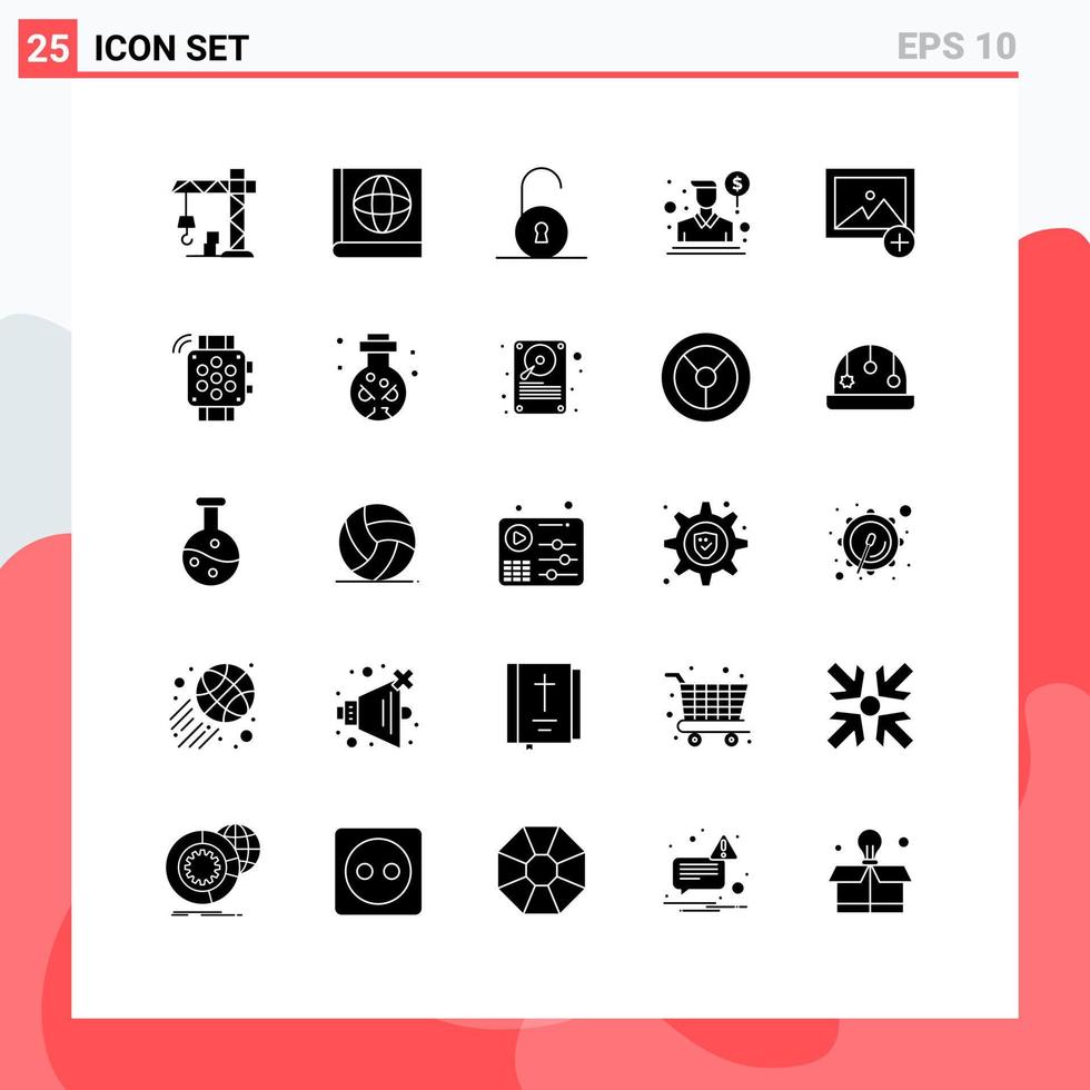 Pack of 25 creative Solid Glyphs of timer watch agent photo add Editable Vector Design Elements