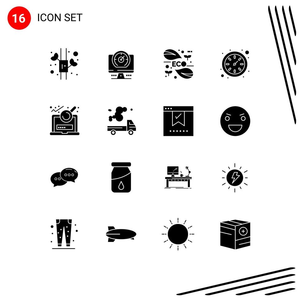 16 User Interface Solid Glyph Pack of modern Signs and Symbols of research analysis energy watch clock Editable Vector Design Elements