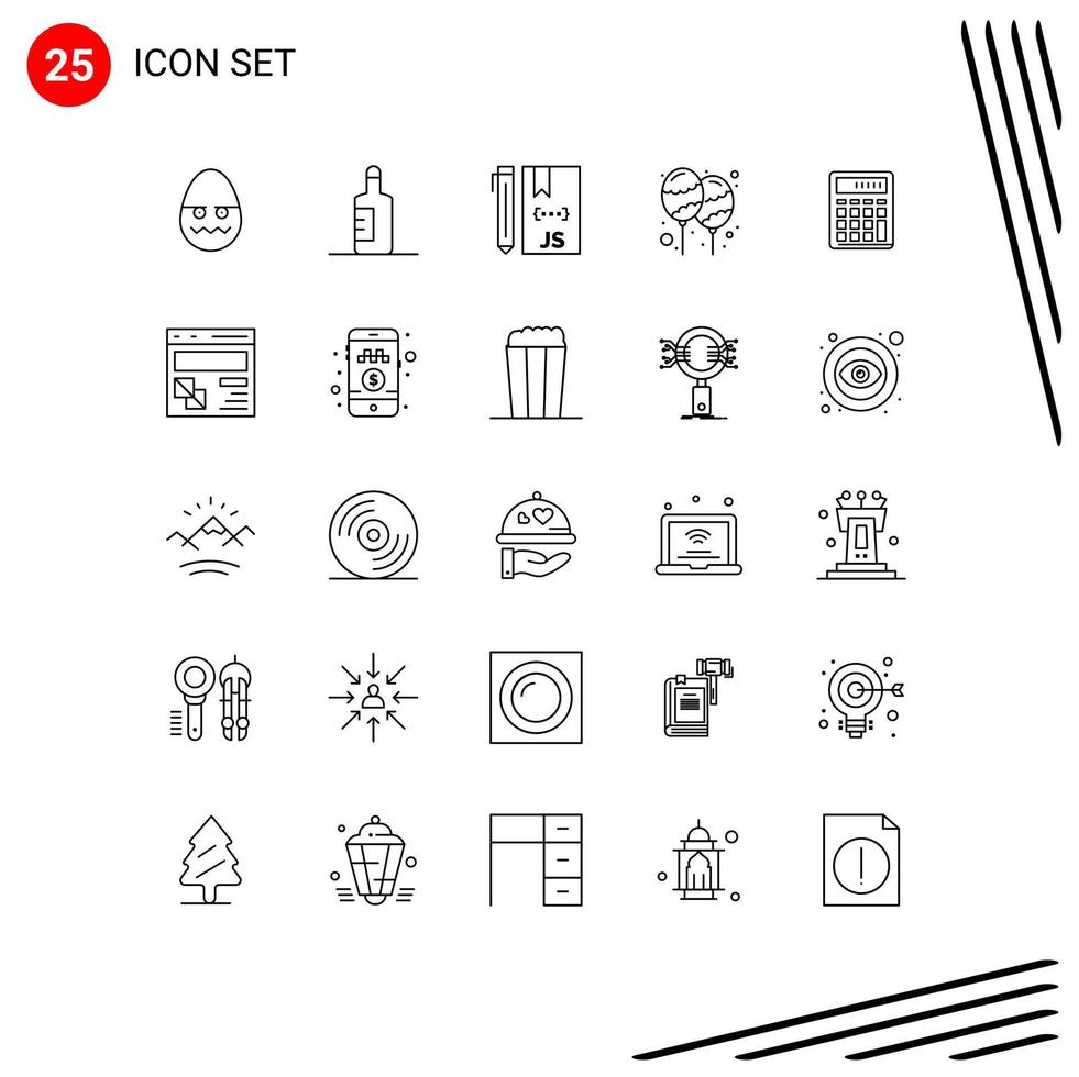 Set of 25 Modern UI Icons Symbols Signs for calculator party coding holi balloon Editable Vector Design Elements