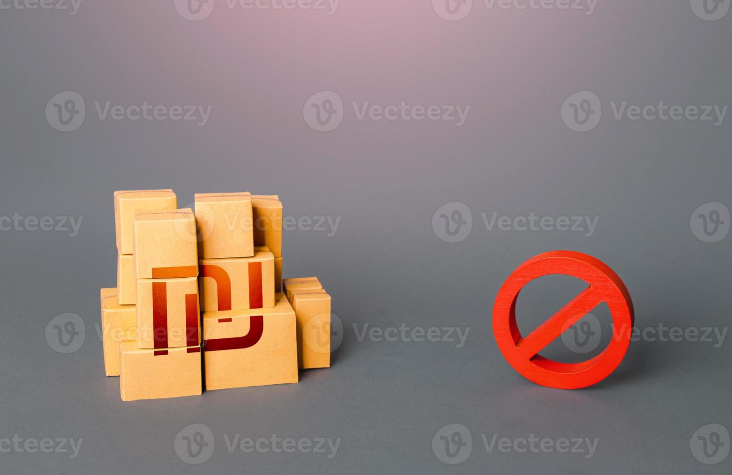 Israeli shekel goods boxes and prohibition symbol NO. Trade wars. Ban on import goods. Impossibility of transportation, oversupply. Shortage of goods. Confiscation. Sanctions and embargoes. photo