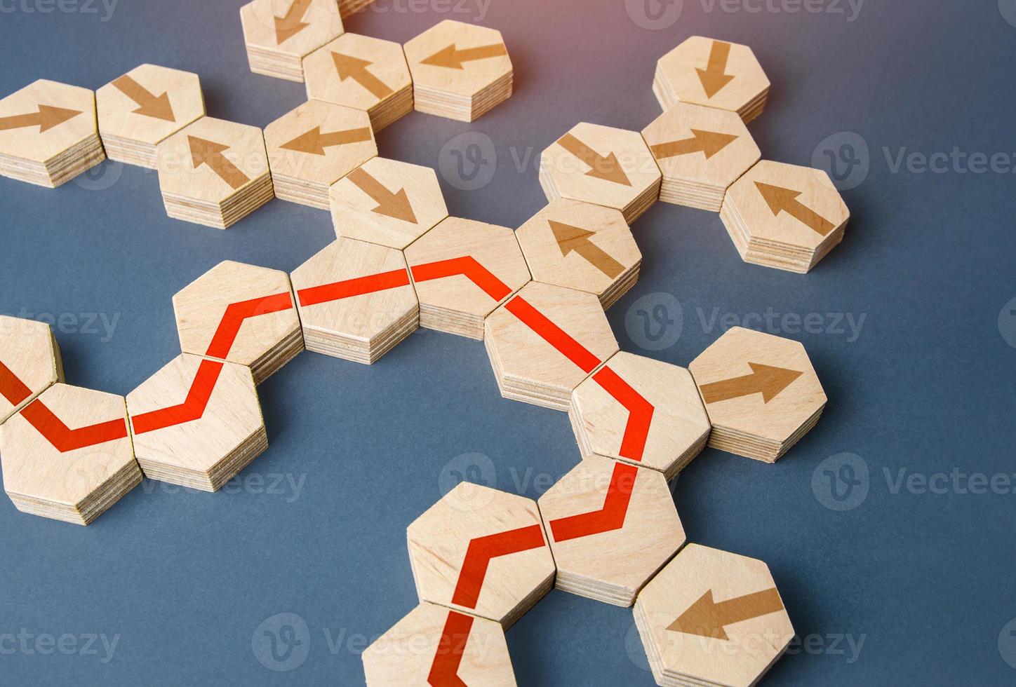 Red line is built from possible options of ways. Business development, promotion and progress. Strategic planning, risk management. Analytics and process optimization. Lower costs, higher efficiency. photo