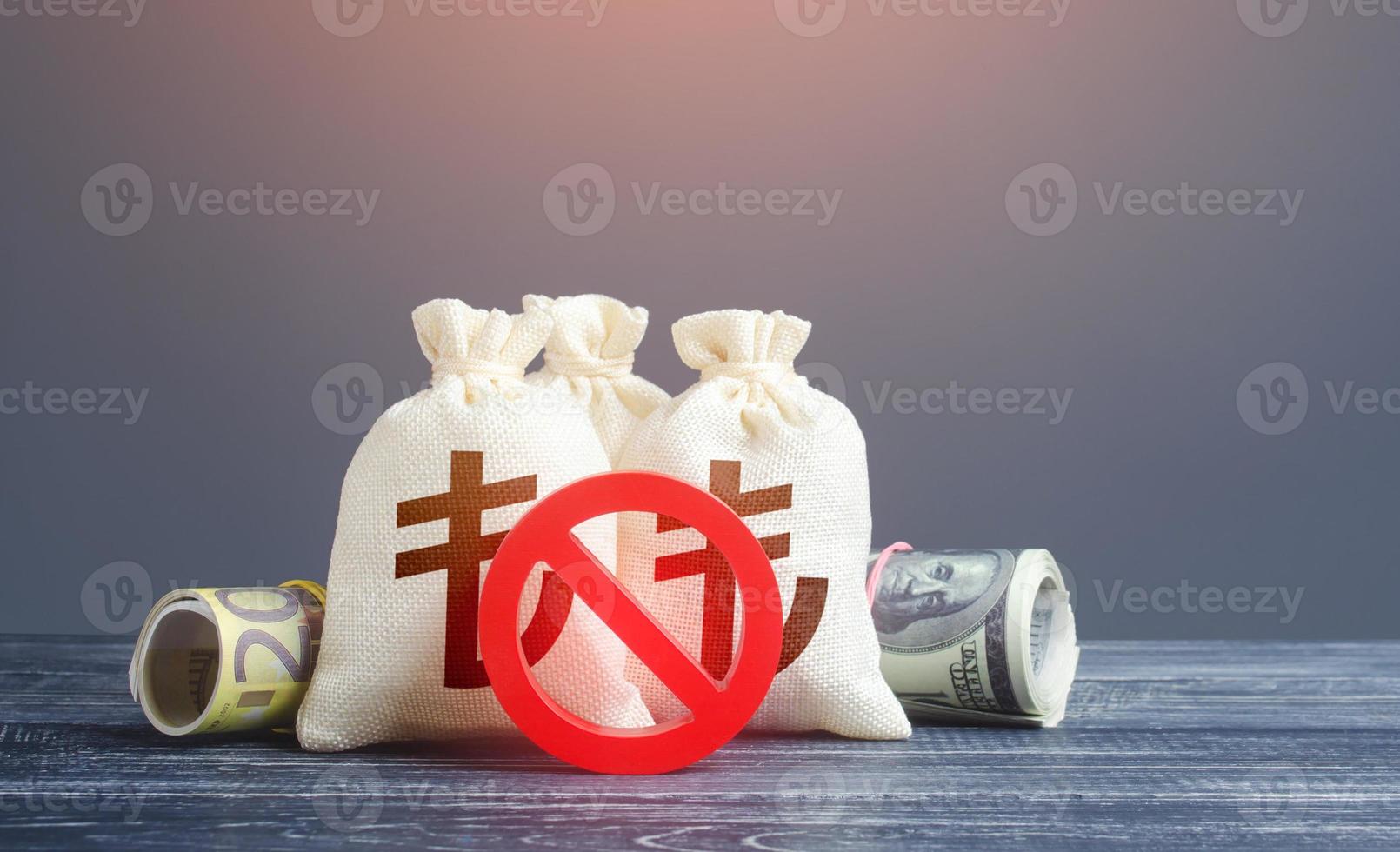 Turkish lira money bags and red prohibition symbol No. Capital export outflow restrictions. Sanctions. Economy crisis. Urgent stock market close. Freezing assets, banning transactions. Devaluation photo