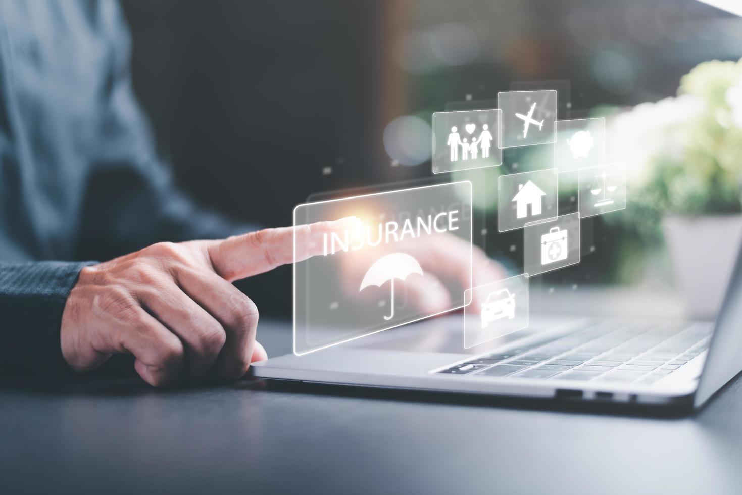 man pointing at virtual screen,family and property security concept,symbol of life insurance,health and financial confidence,protecting and caring for loved ones,planning and risk management photo