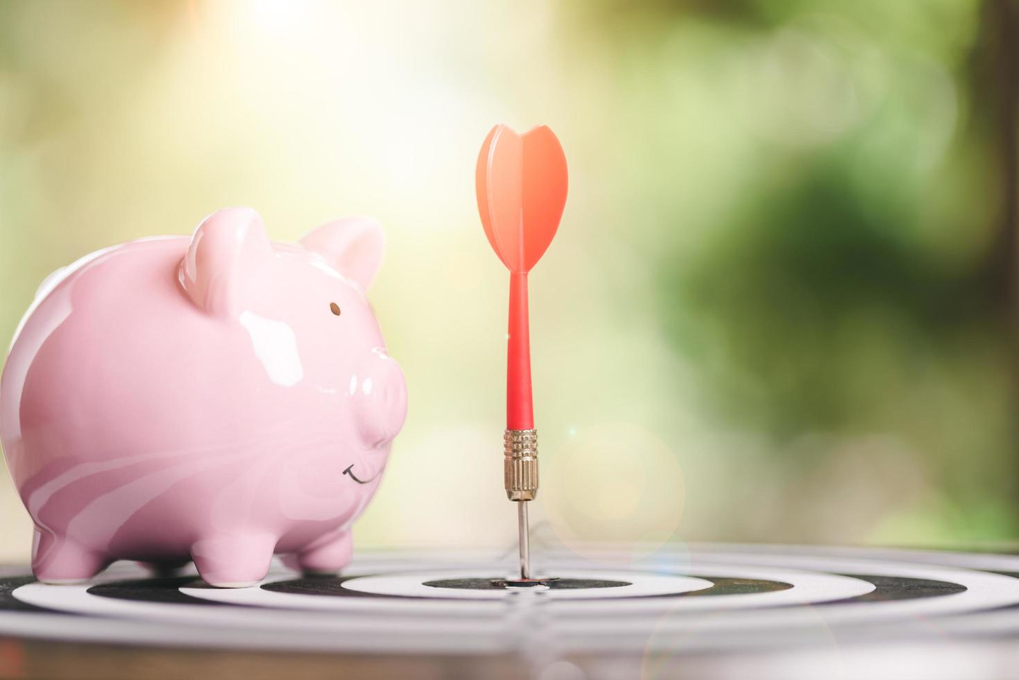 dart arrow hitting in target center of dartboard,and piggy bank, savings goals and growth-oriented concepts,financial and banking,Fund growth and savings,Spending money with maximum efficiency photo
