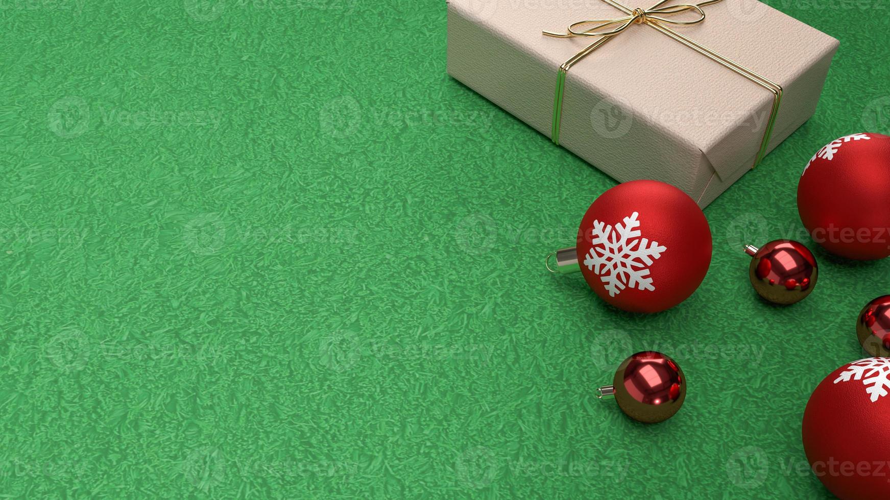 The red Christmas balls and gift box on green background  3d rendering photo