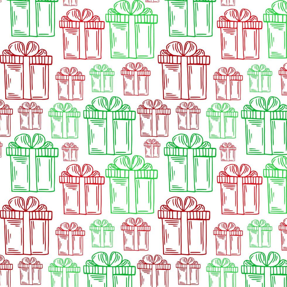 Christmas vector pattern with gift boxes and snowflakes on white background. New year vector design. Wrapping paper for Christmas gift boxes