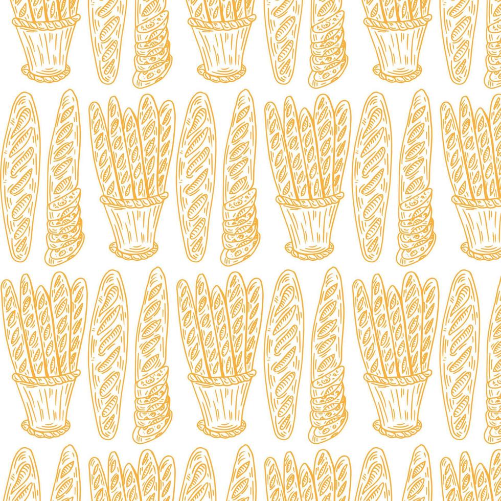 a pattern from a baguette. pattern of a long yellow baguette drawn in doodle style randomly arranged on a white background for a bakery template vector