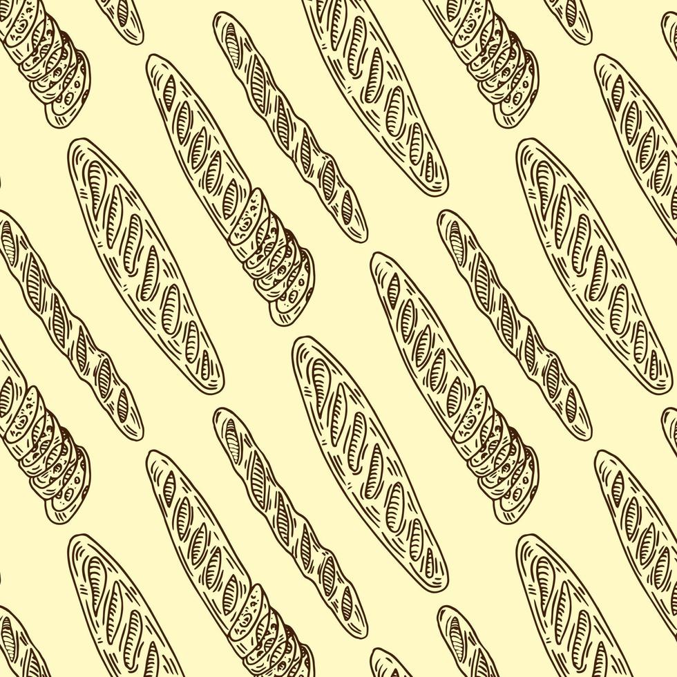 a pattern from a baguette.pattern of a long yellow baguette drawn in doodle style randomly arranged on a beige background for a bakery template vector