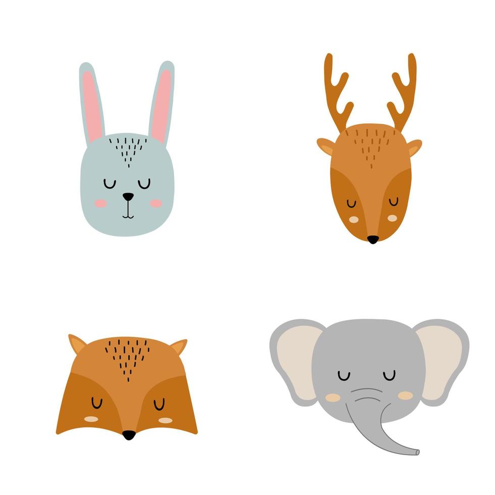 conjunto de lindos animales slleping dibujados a mano - liebre, ciervo, zorro y elefante. zoológico de dibujos animados. ilustración vectorial animales para el diseño de productos infantiles al estilo escandinavo. vector