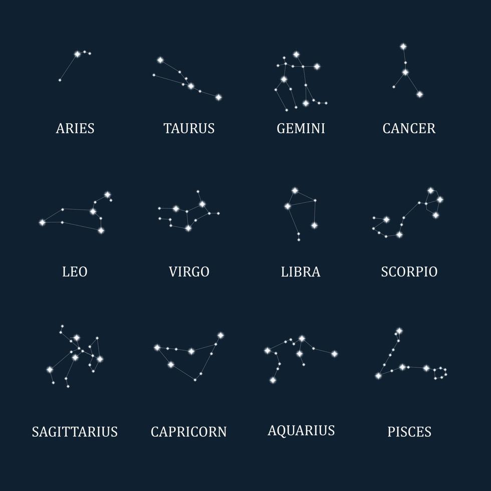 signos de la constelación del zodiaco. horóscopo astrológico y signos de estrellas. mapas de estrellas, constelaciones del cielo o íconos místicos del zodiaco. ilustración vectorial vector