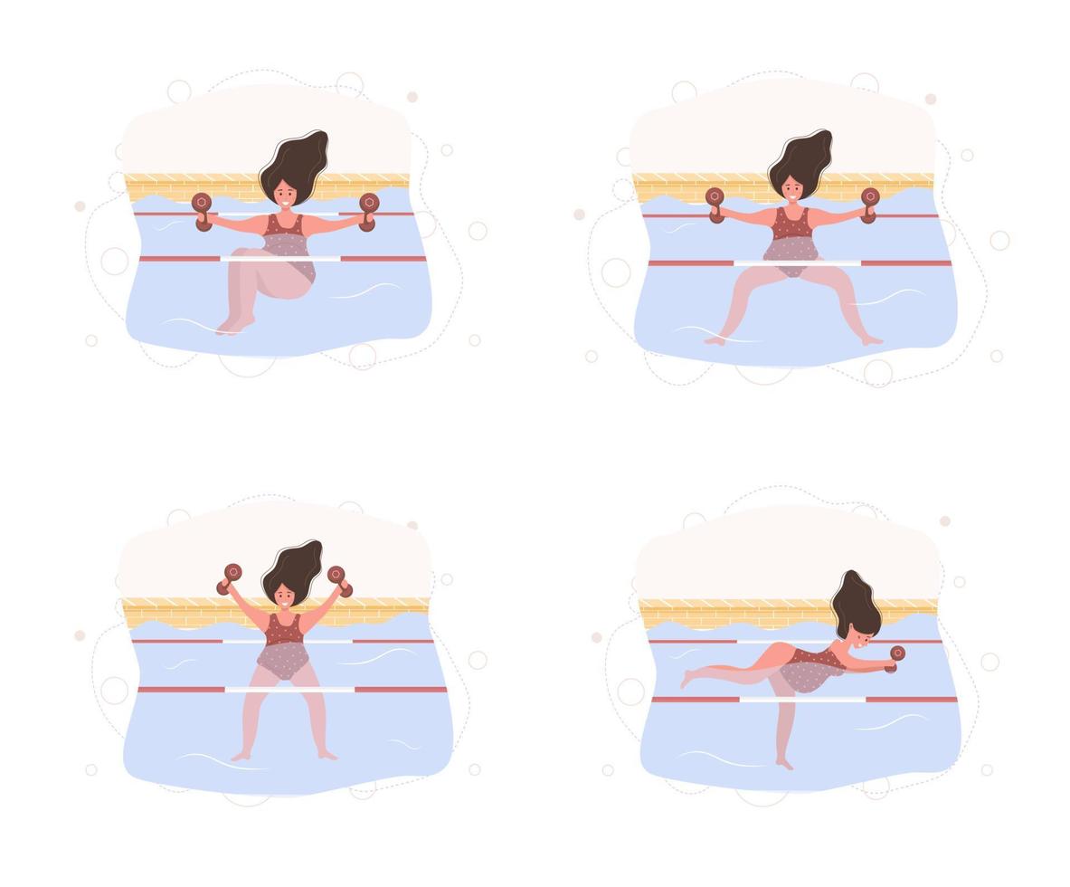 mujer embarazada en bikini en la piscina. colección de ejercicios de aquafitness y aerobic con pesas. estilo de vida saludable. joven madre nadando en el agua. ilustración vectorial en estilo plano. personaje animado vector