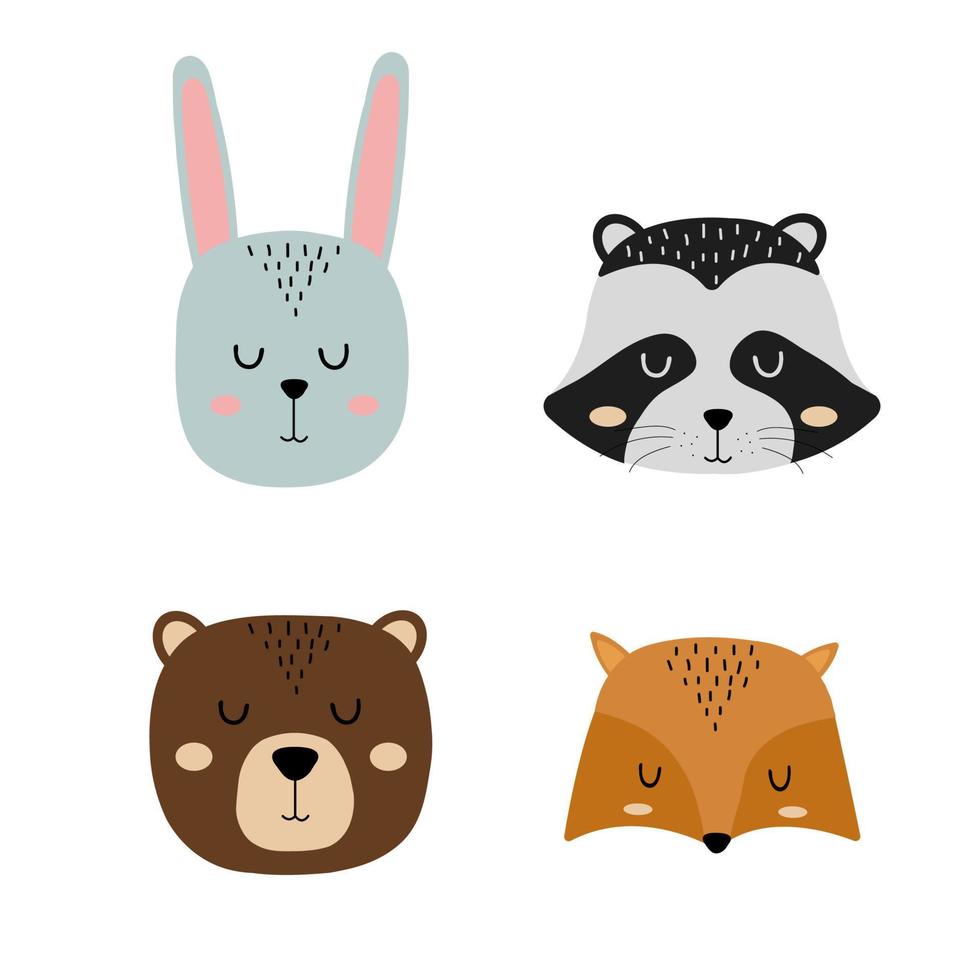 Set of cute hand drawn slleping animals - hare, raccoon, bear and fox. Cartoon zoo. Vector illustration. Animals for the design of children's products in scandinavian style.