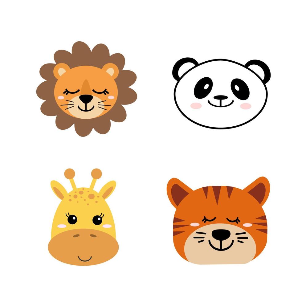 Set of cute hand drawn smiling animals - giraffe, lion, panda and tiger. Cartoon zoo. Vector illustration. Animals for the design of children's products in scandinavian style.