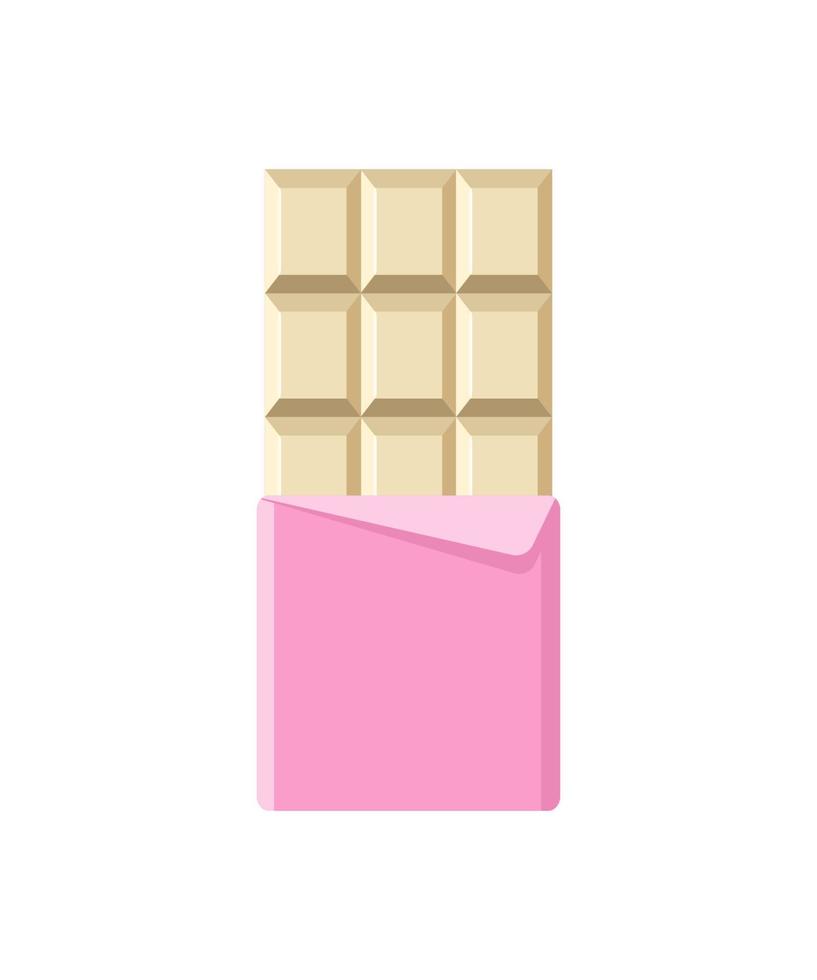 Chocolate bar icon. Open white milk chocolate in foil packaging. Flat dessert and sweet. Vector illustration in cartoon style.